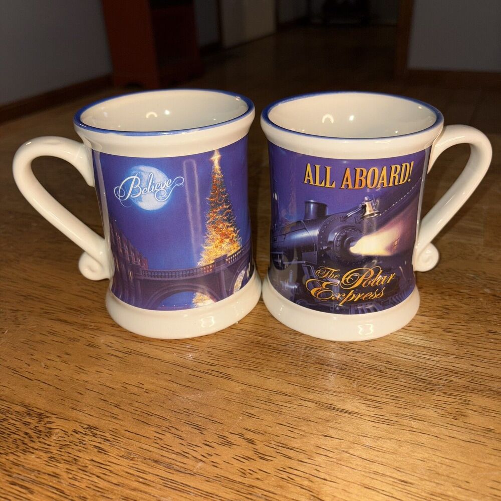 THE POLAR EXPRESS  ALL ABOARD! Believe 3D Train Ride Hot Chocolate Mugs Set Of 2